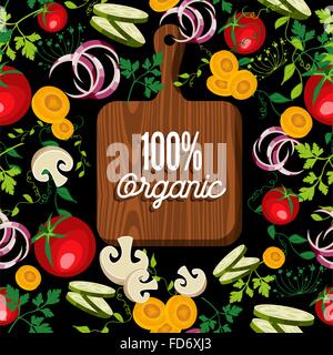Raw vegetables spread around cutting board with 100% organic text quote, concept illustration. EPS10 vector. Stock Vector