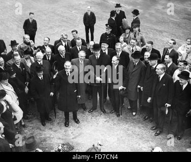 Chamberlain and the British government prior to departure from the Heston Aerodrome to Munich, 1938 Stock Photo