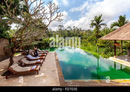 Hotel resort with pool and palm trees, Ubud, Bali, Indonesia, Asia