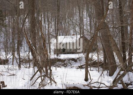 Cabin in the woods. Surrounded by winter and snow with a creek running in front of it. Nashville, Indiana. Stock Photo