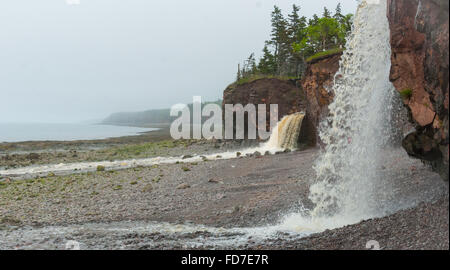 Springtime Nova Scotia coastline in June.   Waterfalls from cliff onto rocky pebble beach. Stock Photo