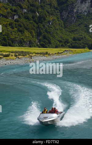 Jet boat on Matukituki River West Branch, Matukituki Valley, near Wanaka, Otago, South Island, New Zealand Stock Photo