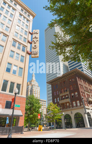 Modern high-rise real estate in city center Tulsa including Mayo Building, up market residential apartments on corner Stock Photo