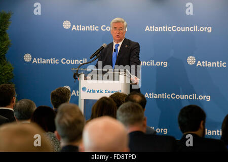 Michael Fallon MP for Sevenoaks (UK Secretary of State for Defense) speaking at Atlantic Council - Washington, DC USA Stock Photo