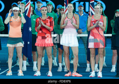 January 29, 2016: (From Left) The winners of the Ladies Doubles Martina Hingis of Switzerland and Sania Mirza of India wait with Andrea Hlavackova and Lucie Hradecka of the Czech Republic for the trophy presentation on day twelve of the 2016 Australian Open Grand Slam tennis tournament at Melbourne Park in Melbourne, Australia. Sydney Low/Cal Sport Media Stock Photo