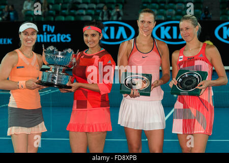 Melbourne, Australia. 29th Jan, 2016. and Andrea Hlavackova and Lucie Hradecka of the Czech Republic pose for photos on day twelve of the 2016 Australian Open Grand Slam tennis tournament at Melbourne Park in Melbourne, Australia. Sydney Low/Cal Sport Media/Alamy Live News Stock Photo