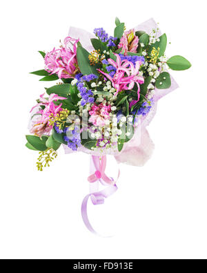 Delicate beautiful bouquet of nerine, hyacinth, statice and other flowers in pink packaging with tape isolated on white backgrou Stock Photo
