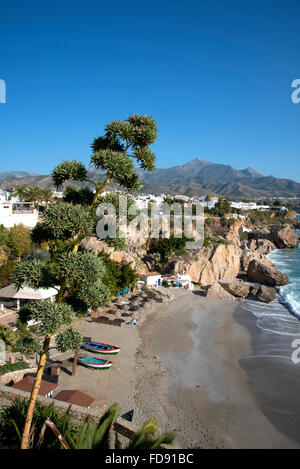 Beach scenes in Nerja, a sleepy Spanish Holiday resort on the Costa Del ...