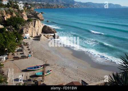 Beach scenes in Nerja, a sleepy Spanish Holiday resort on the Costa Del ...