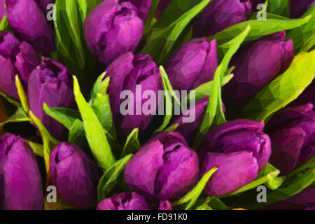 Purple tulips background in low poly style. Low poly design triangular tulips bouquet. Stock Photo