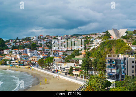 Mala plaza, waterfront with small beach, Ulcinj, Ulqin, Montenegro, Crna Gora, Europe Stock Photo