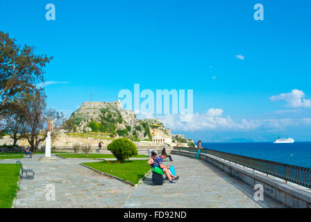 Viewing platform, at Spianada park,  with Old Fortress in background, Corfu town, Ionian islands, Greece Stock Photo