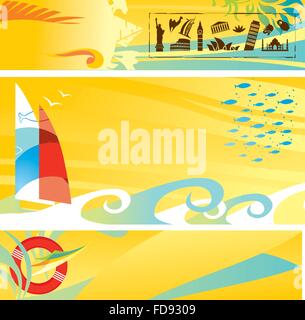 Business banners with coloured waves and travel icons Stock Vector
