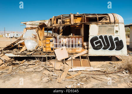 An abandoned camping trailer in Bombay Beach, California, on the eastern shore of the Salton Sea Stock Photo