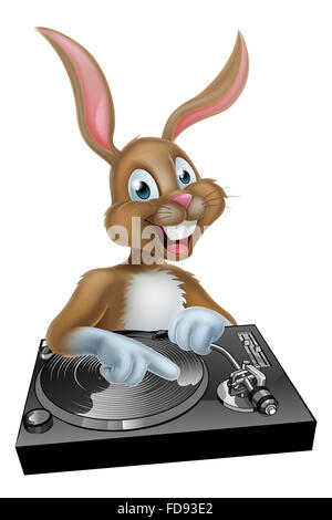 Cartoon Easter bunny DJ mixing at the the decks or turntables Stock Photo
