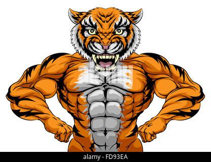 A tiger animal sports mascot showing off his huge muscles Stock Photo