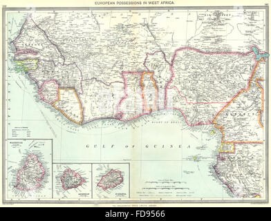 WEST AFRICA: European colonies; Mauritius; Ascension; St Helena, 1907 old map Stock Photo