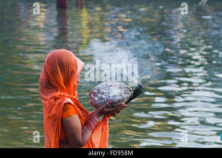 1 Adult Woman Chhath Pooja Festival River Standing Worship Stock Photo