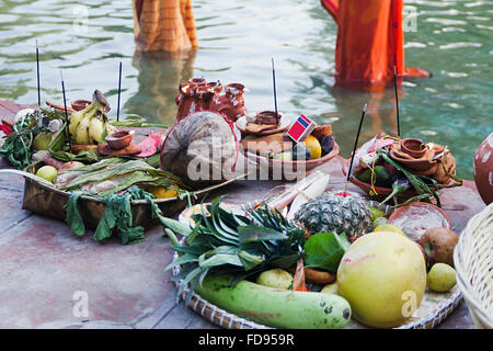 Chhath Pooja Festival Prasad River side nobody Stock Photo