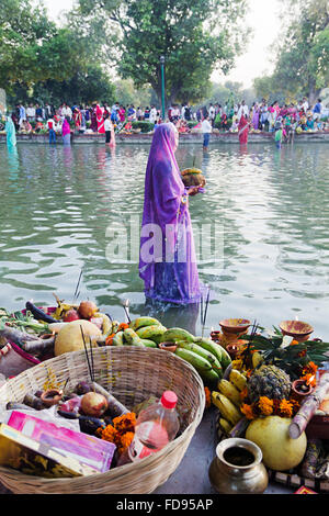 1 Adult Woman Chhath Pooja Festival River Standing Worship Stock Photo