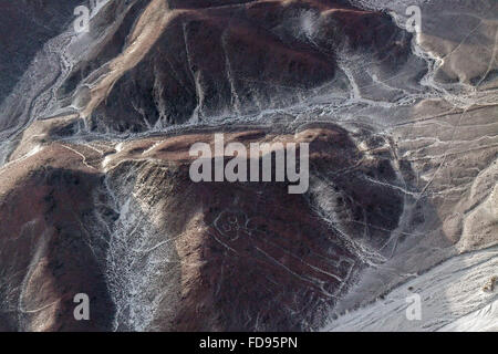 Aerial view of geoglyph called Astronaut, The Nazca Lines in Nazca Desert. Peru. Stock Photo