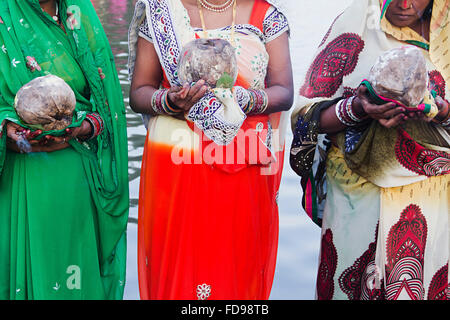 3 Adult Womans Chhath Pooja Festival River Standing Worship Stock Photo