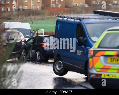 Glasgow, UK. 29th Jan, 2016. East Greenlees Road in Cambuslang closed due to a 3 car accident involving a VW Golf, Kia Sportage and South Lanarkshire Council van NO47. Credit:  Alan Robertson/Alamy Live News Stock Photo