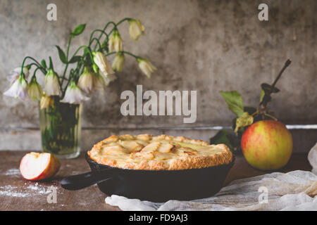 Homemade apple pie in iron skillet. Food still life, Thanksgiving day food. Selective focus Stock Photo