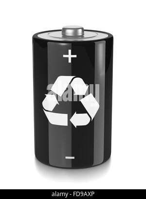 One Single Black Electric Battery with Recycle Sign on White Background 3D Illustration Stock Photo