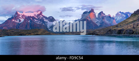 Sunrise over Cuernos del Paine and Lago Pehoe, Torres del Paine National Park, Chilean Patagonia, Chile Stock Photo