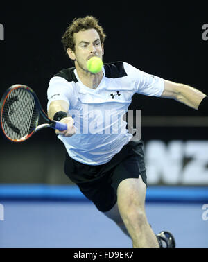 Melbourne, Australia. 29th Jan, 2016. Andy Murray of Great Britain competes against Milos Raonic of Canada during the semifinal of men's singles at the Australian Open Tennis Championships in Melbourne, Australia, Jan. 29, 2016. Credit:  Bi Mingming/Xinhua/Alamy Live News Stock Photo