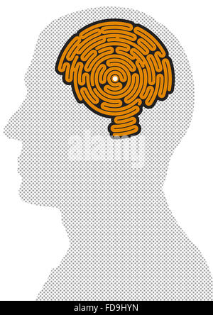 Brain-shaped maze, inside a head in profile, side view Stock Photo