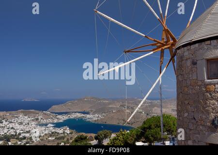 Restored windmill of the Monastery of St. John the Theologian, Chora, above Skala harbour, Patmos, Dodecanese Islands, Greece. Stock Photo