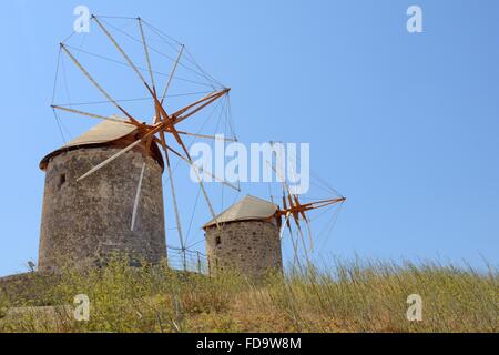 Restored windmills of the Monastery of St. John the Theologian, Chora, Patmos, Dodecanese Islands, Greece. Stock Photo