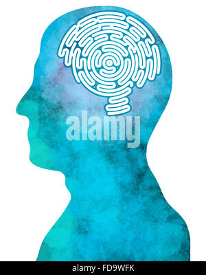 Brain-shaped maze, inside a head in profile, side view Stock Photo