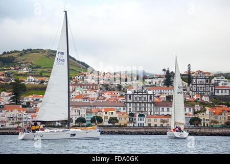 Horta City, Faial Island, Azores, Portugal View from the sea, Regatta Stock Photo