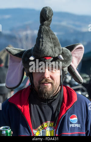 Thurmansbang, Germany. 29th Jan, 2016. Motorcyclist Karol from Poland attends the so-called 60th Elephant meeting in Thurmansbang, Germany, 29 January 2016. The 'Bundesverband der Motorradfahrer (BVDM)', German federation of motorcyclists, is expecting around 4,000 motorcyclists to attend the event which continues until 31 January. Photo: Armin Weigel/dpa/Alamy Live News Stock Photo