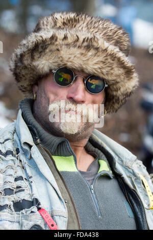 Thurmansbang, Germany. 29th Jan, 2016. Motorcyclist Mimi from Italy attends the so-called 60th Elephant meeting in Thurmansbang, Germany, 29 January 2016. The 'Bundesverband der Motorradfahrer (BVDM)', German federation of motorcyclists, is expecting around 4,000 motorcyclists to attend the event which continues until 31 January. Photo: Armin Weigel/dpa/Alamy Live News Stock Photo