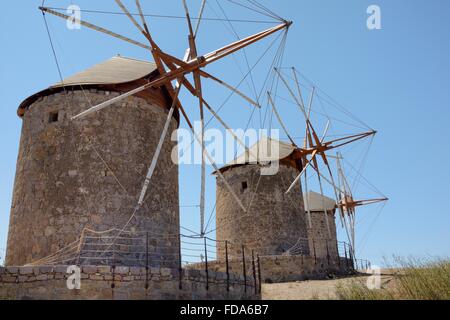 Restored windmills of the Monastery of St. John the Theologian, Chora, Patmos, Dodecanese Islands, Greece. Stock Photo