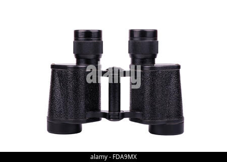 The metallic black binoculars isolated on white background Stock Photo