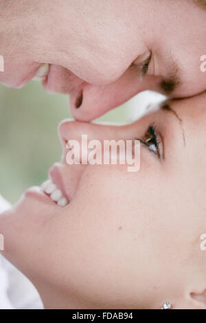 Image of romantic young couple's faces closeup. Stock Photo