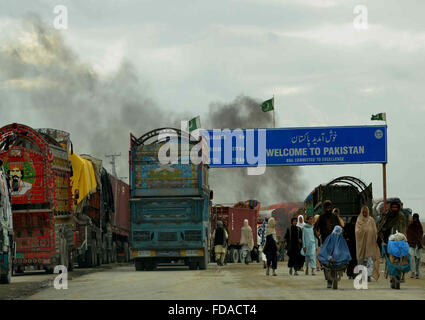 Huge numbers of motors are stuck in gridline at Pak-Afghan Friendship Gate during the protest of traders and animal vendors, in Chaman on Friday, January 29, 2016. Stock Photo