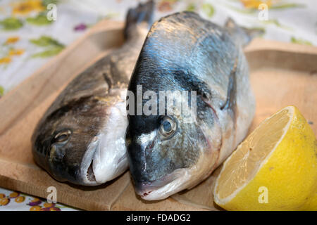 fresh gilthead bream on a wooden cutting board Stock Photo