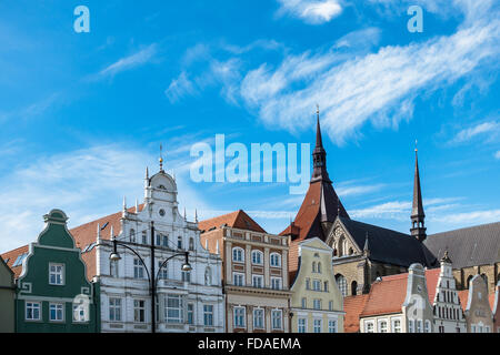 Historical buildings in Rostock (Germany) with blue sky Stock Photo