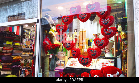 London, UK 29 January 2016 - A shop window display in North London decorates with Valentines Day gift as retail shops prepare for the most romantic day of the calender Stock Photo