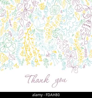 Card with hand drawn doodle flowers . Hand drawn design for Thank you card, Greeting card or Invitation. Vector illustration. Stock Vector