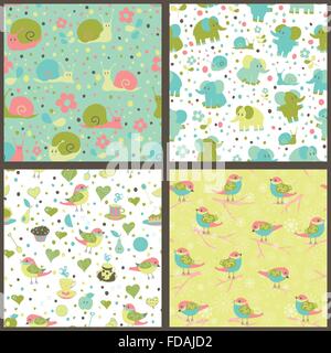Set of seamless patterns with cartoon funny elephants and snails, birds and sweets. Childish background. Holiday design. Vector  Stock Vector