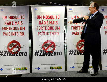 Brasilia, Brazil. 29th Jan, 2016. Brazil Health Minister Marcelo Castro unveils a public service campaign to combat the Zika virus outbreak during a news conference at the Ministry of Health Annex January 29, 2016 in Brasilia, Brazil. Global health officials have called the spread of the virus explosive. Credit:  Planetpix/Alamy Live News Stock Photo