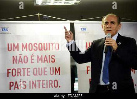 Brasilia, Brazil. 29th Jan, 2016. Brazil Health Minister Marcelo Castro unveils a public service campaign to combat the Zika virus outbreak during a news conference at the Ministry of Health Annex January 29, 2016 in Brasilia, Brazil. Global health officials have called the spread of the virus explosive. Credit:  Planetpix/Alamy Live News Stock Photo