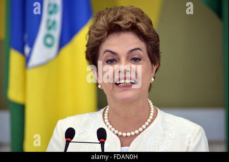 Brasilia, Brazil. 29th Jan, 2016. Brazil President Dilma Rousseff speaks about the Zika virus outbreak during the Council for Economic and Social Development at the Planalto Palace January 28, 2016 in Brasilia, Brazil. Rousseff called on Brazilian to help combat the spread of the Zika virus, which has been linked to birth defects. Credit:  Planetpix/Alamy Live News Stock Photo